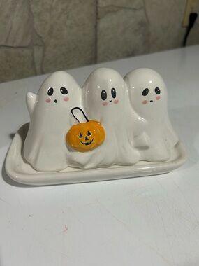 Ceramic Trio Ghosts with Pumpkin - Halloween butter dish !